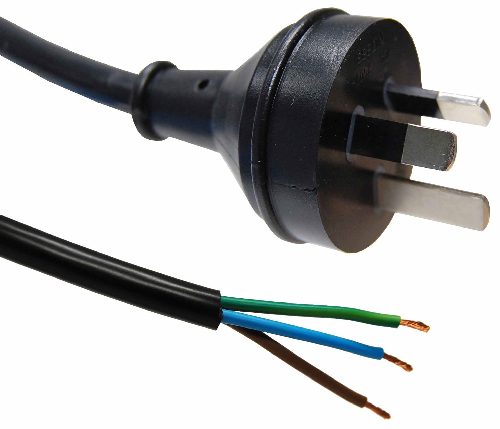 1M 3 Pin Plug to Bare End, 3 Core 1mm Cable, Black Colour SAA Approved