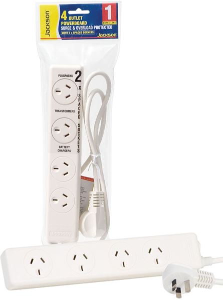 Picture of JACKSON 4-Way Powerboard Surge Protected, 2x ports are double