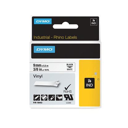 Picture of DYMO Genuine Rhino Industrial Vinyl Labels 9mm x 5.5m. Black on White.