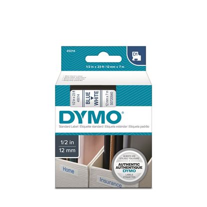 Picture of DYMO Genuine D1 Label Cassette Tape 12mm x 7M, Blue on White.