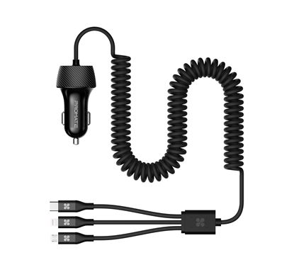 Picture of PROMATE 3.4A Multi-Connect Coiled Cable Universal Car Charger. USB-C