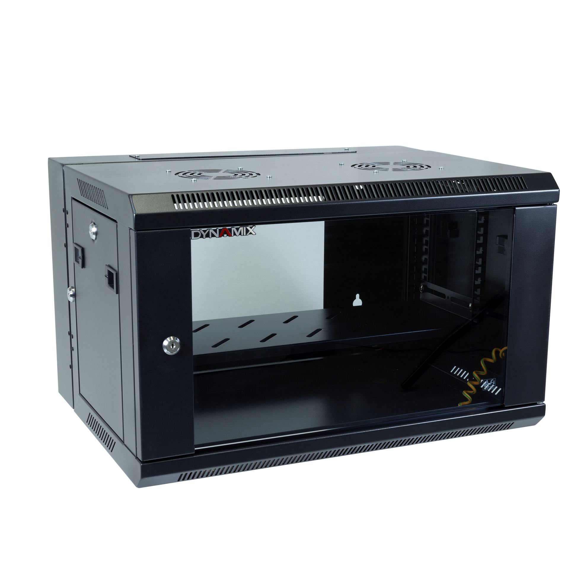 6RU Universal Swing Wall Mount Cabinet. Removable Backmount supplied with Left & Right Hinges (600x450x368mm). Includes 1x Fixed Shelf, 10x Cage Nuts, Black Gloss Colour, Side Entry.