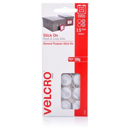 Picture of VELCRO Brand 16mm Stick On Hook & Loop Dots. Pack of 15. Designed for