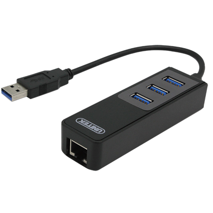Picture of UNITEK USB-A 3.0 3-Port Hub with RJ45 Gigabit Ethernet Port. Data