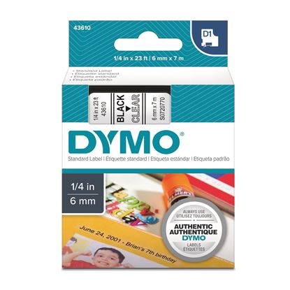 Picture of DYMO Genuine D1 Label Cassette Tape 6mm x 7M, Black on Clear