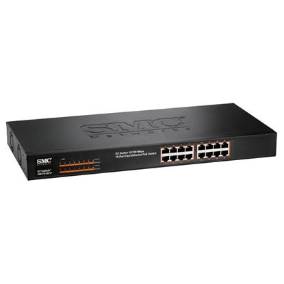 Picture of SMC 16 Port Fast Ethernet PoE Switch. PoE Power Budget: 200W.