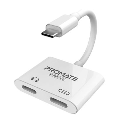 Picture of PROMATE 2-in-1 Audio & Charge USBC Adapter with 15W Power Delivery.