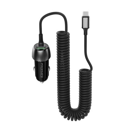 Picture of PROMATE 33W Car Charger with USB-C Cable. Output USB-A and USB-C.