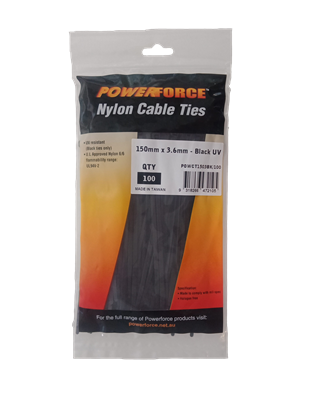 Picture of Powerforce Cable Tie Black 150mm x 3.6mm Nylon UV 100pk