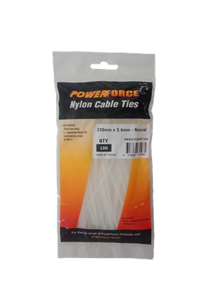 Picture of POWERFORCE Cable Tie Natural 150mm x 3.6mm Nylon Pack of 100.