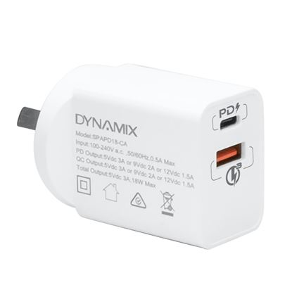 Picture of DYNAMIX 18W PD USB-C + QC3.0 USB-A Universal Compact USB Wall Charger.