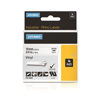 Picture of DYMO Genuine Rhino Industrial Vinyl Labels.19mm x 5.5m. Black on White.