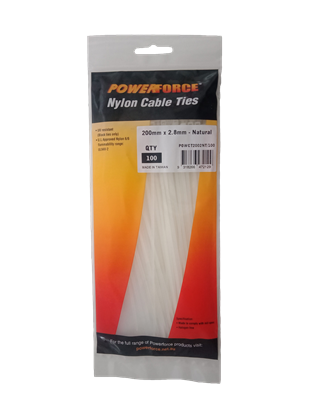 Picture of POWERFORCE Cable Tie Natural 200mm x 2.8mm Nylon Pack of 100.