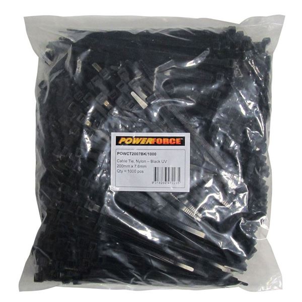 Picture of POWERFORCE Cable Tie Black UV 200mm x 7.6mm Weather Resistant Nylon.