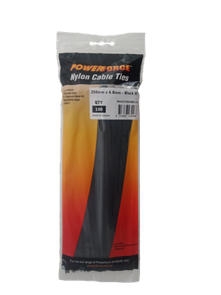 Picture of POWERFORCE Cable Tie Black UV 250mm x 4.8mm Weather Resistant Nylon.