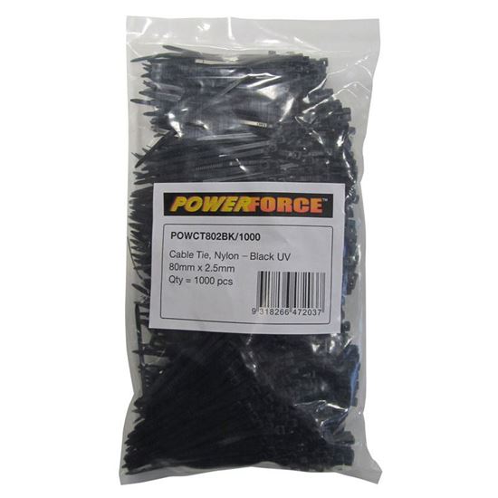 Picture of POWERFORCE Cable Tie Black UV 80mm x 2.5mm Weather Resistant Nylon.