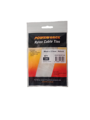 Picture of POWERFORCE Cable Tie Natural 80mm x 2.5mm Nylon Pack of 100.