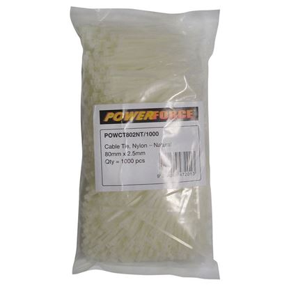 Picture of POWERFORCE Cable Tie Natural 80mm x 2.5mm Nylon Pack of 1000.