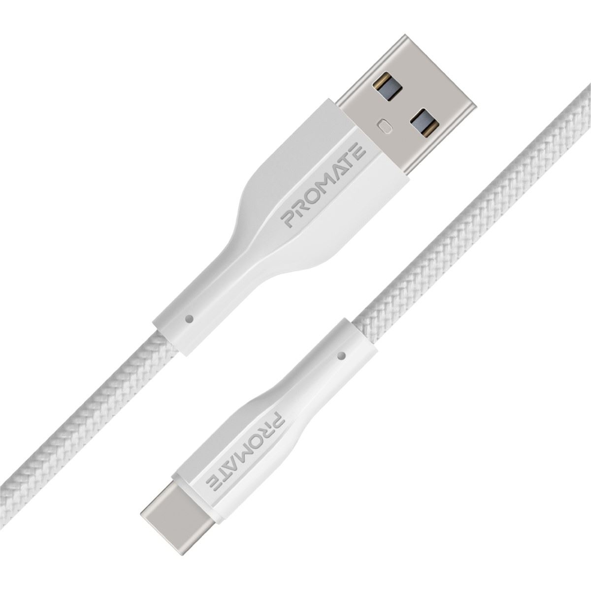 PROMATE 1M USB-A to USB-C Super Flexible Cable. Supports 2A Charging & 480Mbps Data Transfer. White Colour.