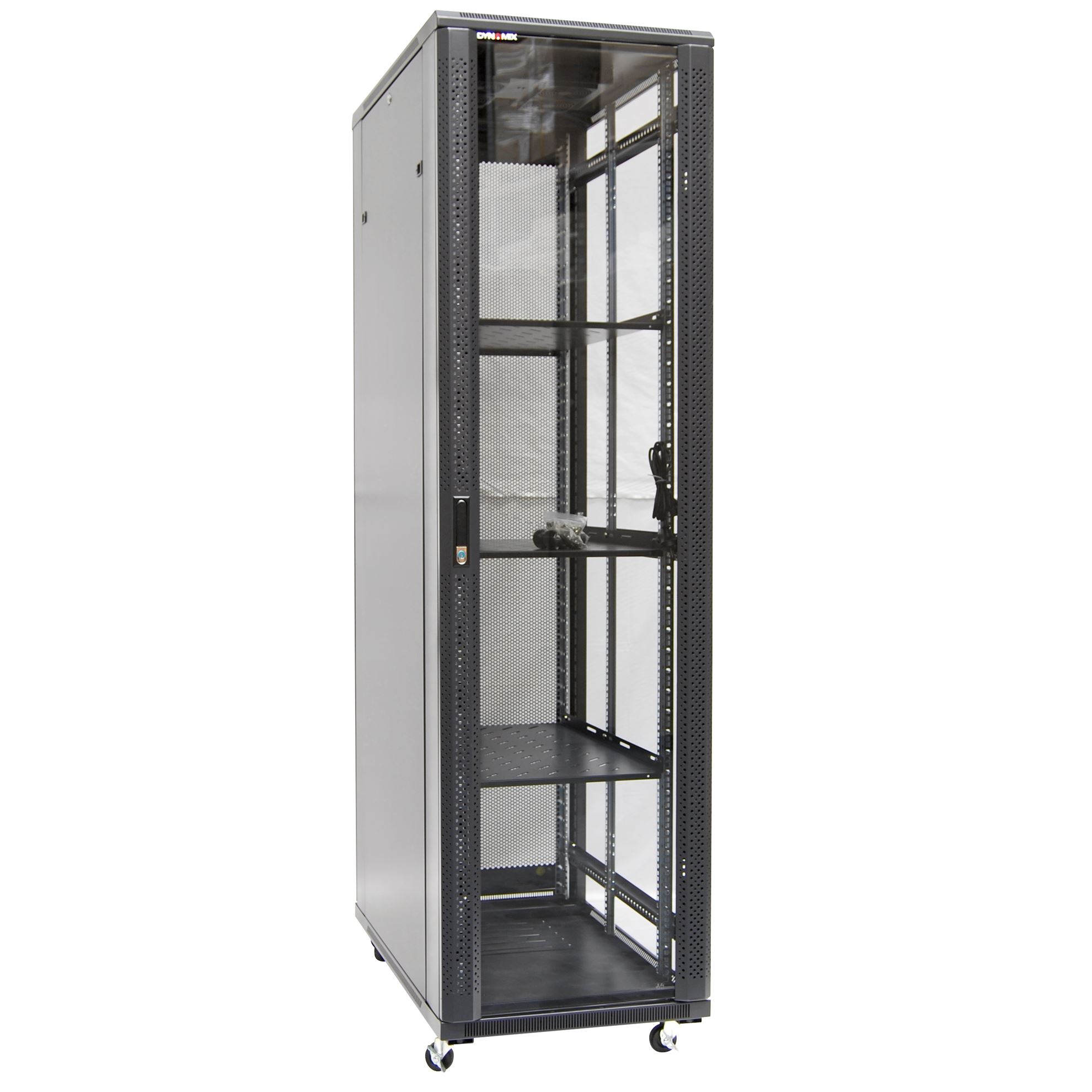 45RU Server Cabinet 1200mm Deep (600x1200x2100mm) Includes 3x Fixed Shelves, 4x Fans, 25x Cage Nuts, 4x Castors & 4x Level Feet. Black Gloss Colour, Tinted Glass Door, Removable Sides, Bottom Wire Path