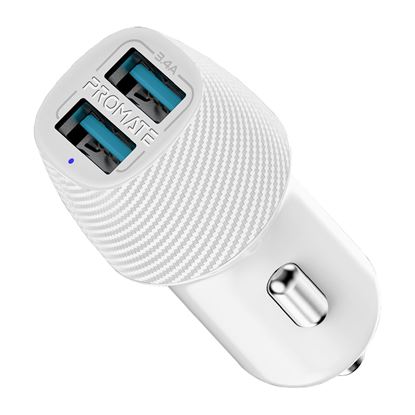 Picture of PROMATE 3.4A Dual Port USB-A Car Charger. Charge 2 Devices at the