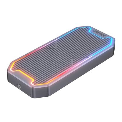 Picture of UNITEK USB-C to M.2 SSD Enclosure with RGB Lights in Alloy Housing.