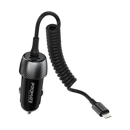 Picture of PROMATE 33W Car Charger with Lightning Cable and USB-A Port.