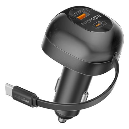 Picture of PROMATE 62W PD In-Car Phone Charger with Retractable 80cm USB-C Cable.