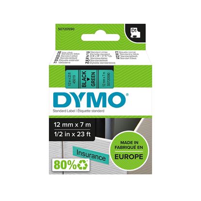 Picture of DYMO Genuine D1 Label Cassette Tape 12mm x 7M, Black on Green